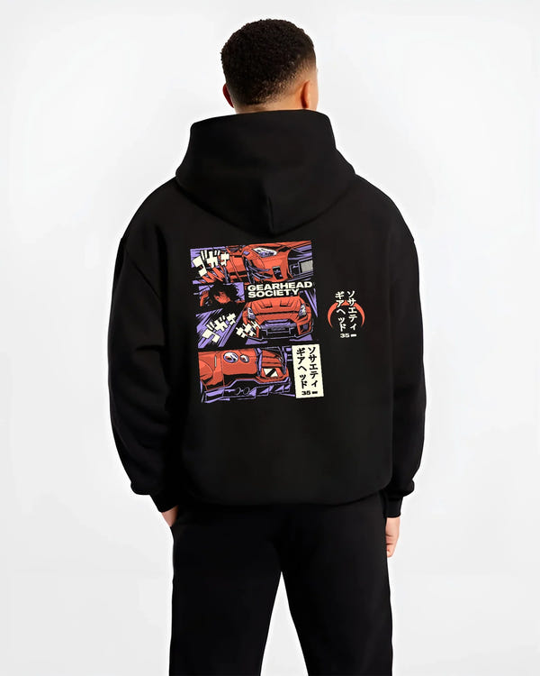 Black hoodie worn by a male model, back view, featuring drift jdm japanese gearhead racing street performance motorsport graphic.