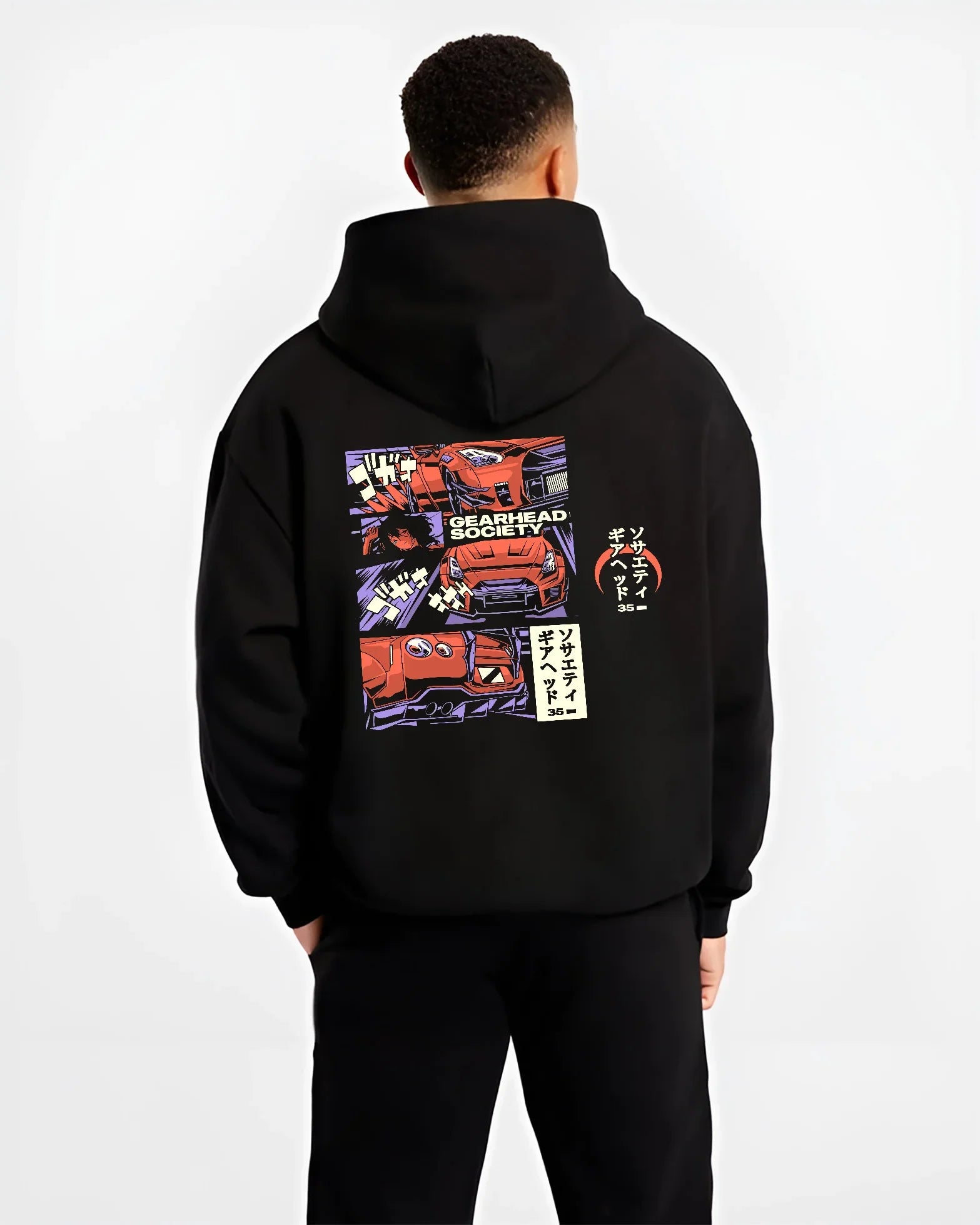 Black hoodie worn by a male model, back view, featuring drift jdm japanese gearhead racing street performance motorsport graphic.
