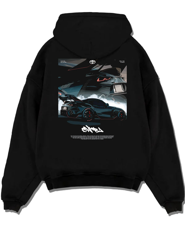 Black pullover hoodie laid flat on a white background, featuring Toyota Supra turbo turbocharged racing drift jdm japanese graphic.