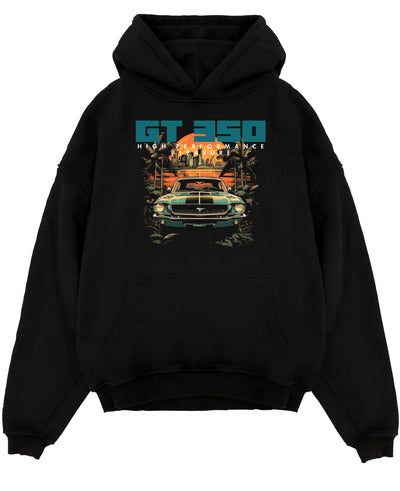Black pullover hoodie laid flat on a white background, featuring MUSTANG gt3 muscle street retro classic enthusiast racing graphic.