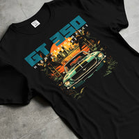 Black T-shirt laid flat with natural fabric folds, featuring MUSTANG gt3 muscle street retro classic enthusiast racing graphic.