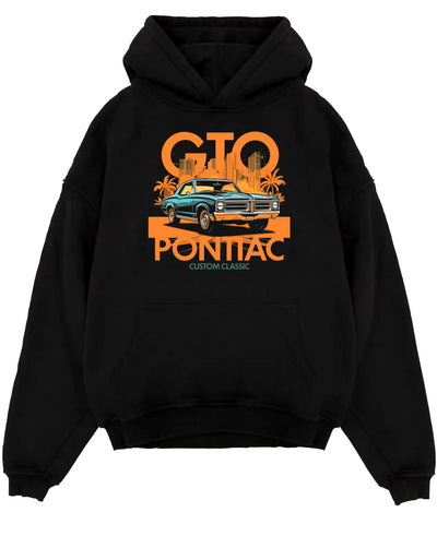 Black pullover hoodie laid flat on a white background, featuring Pontiac GTO rs muscle street retro vintage classic graphic.