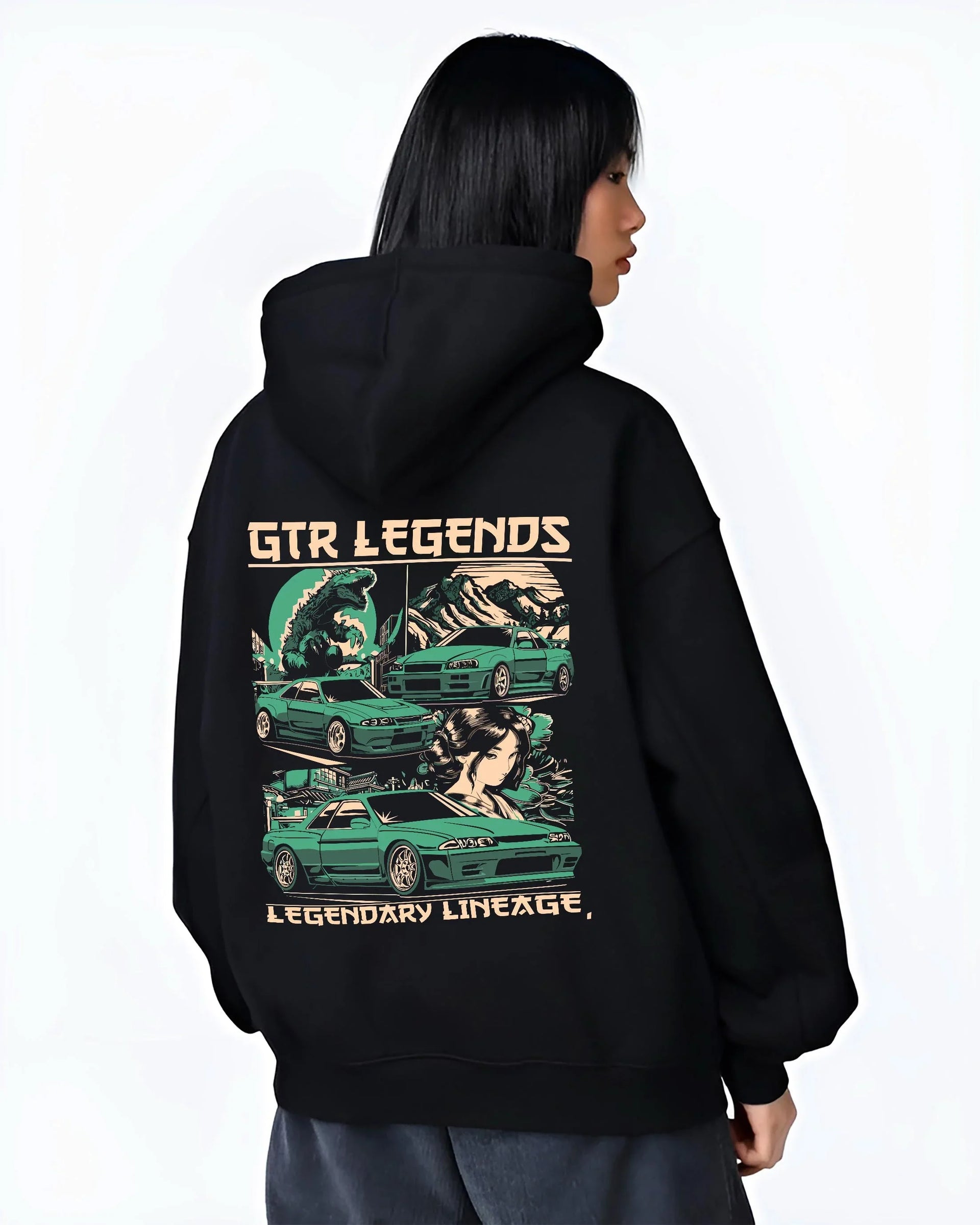 Black hoodie worn by a female model, back view, featuring SKYLINE gtr r32 r34 drift jdm street retro legend legendary graphic.