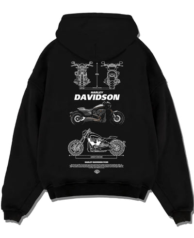 Black pullover hoodie laid flat on a white background, featuring Harley-Davidson Fxdr street retro enthusiast racing graphic.