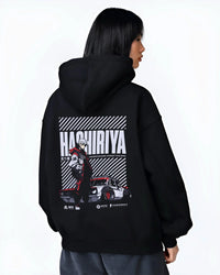 Black hoodie worn by a female model, back view, featuring rs race drift jdm tokyo street underground racing graphic.