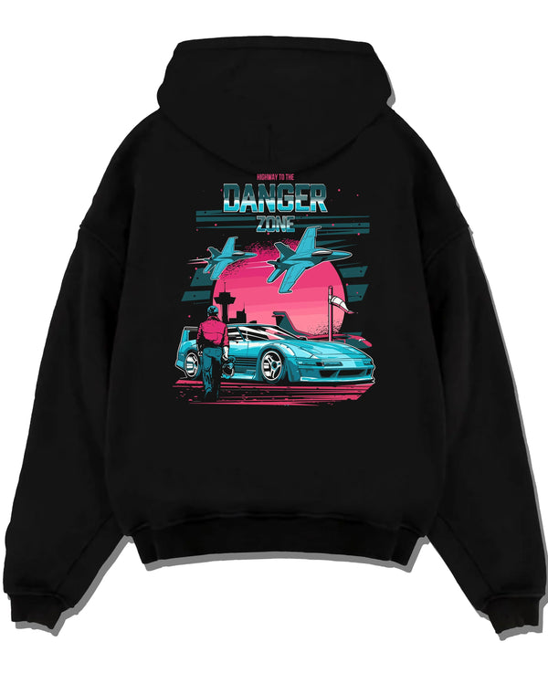 Black pullover hoodie laid flat on a white background, featuring ACURA NSX turbo race street racing performance motorsport graphic.
