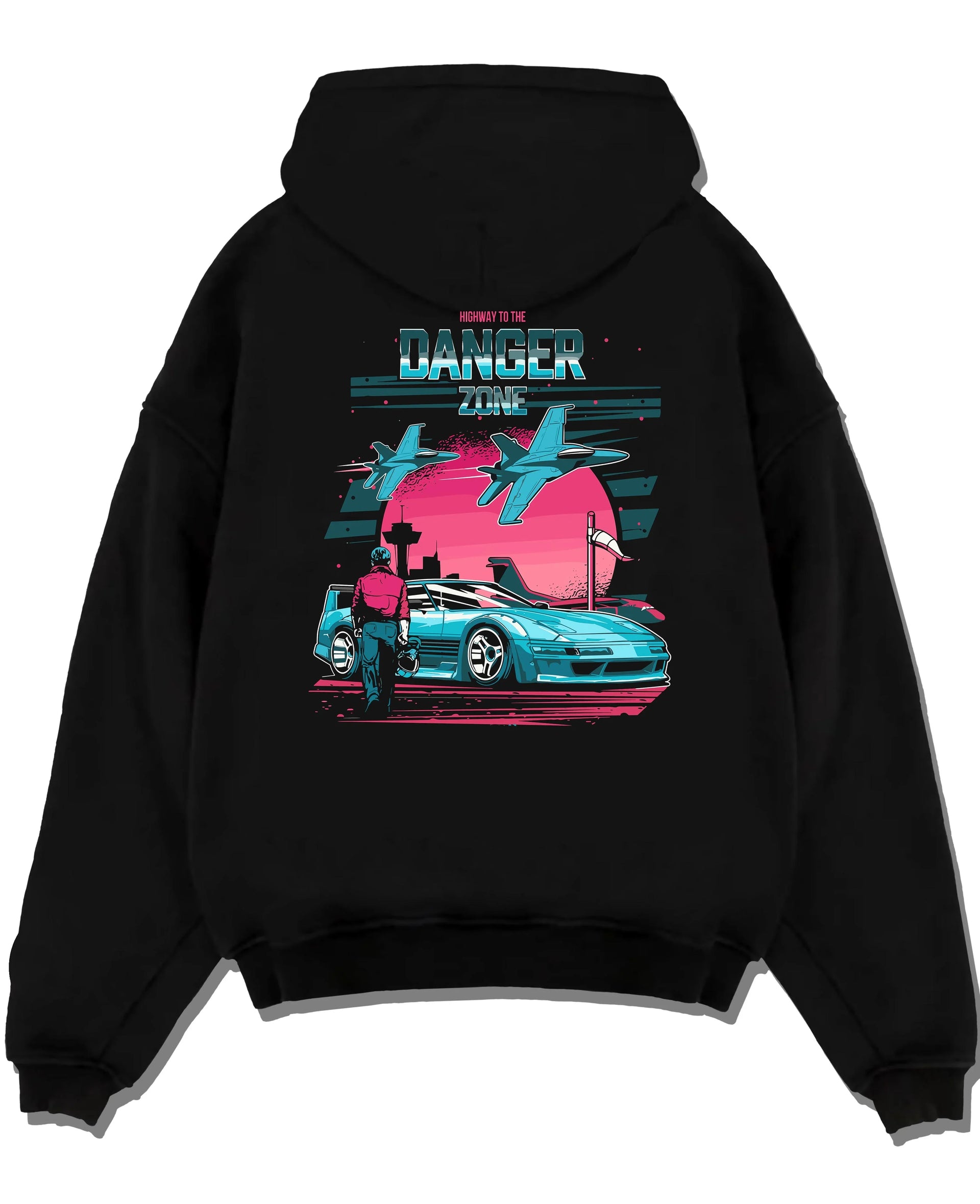 Black pullover hoodie laid flat on a white background, featuring ACURA NSX turbo race street racing performance motorsport graphic.