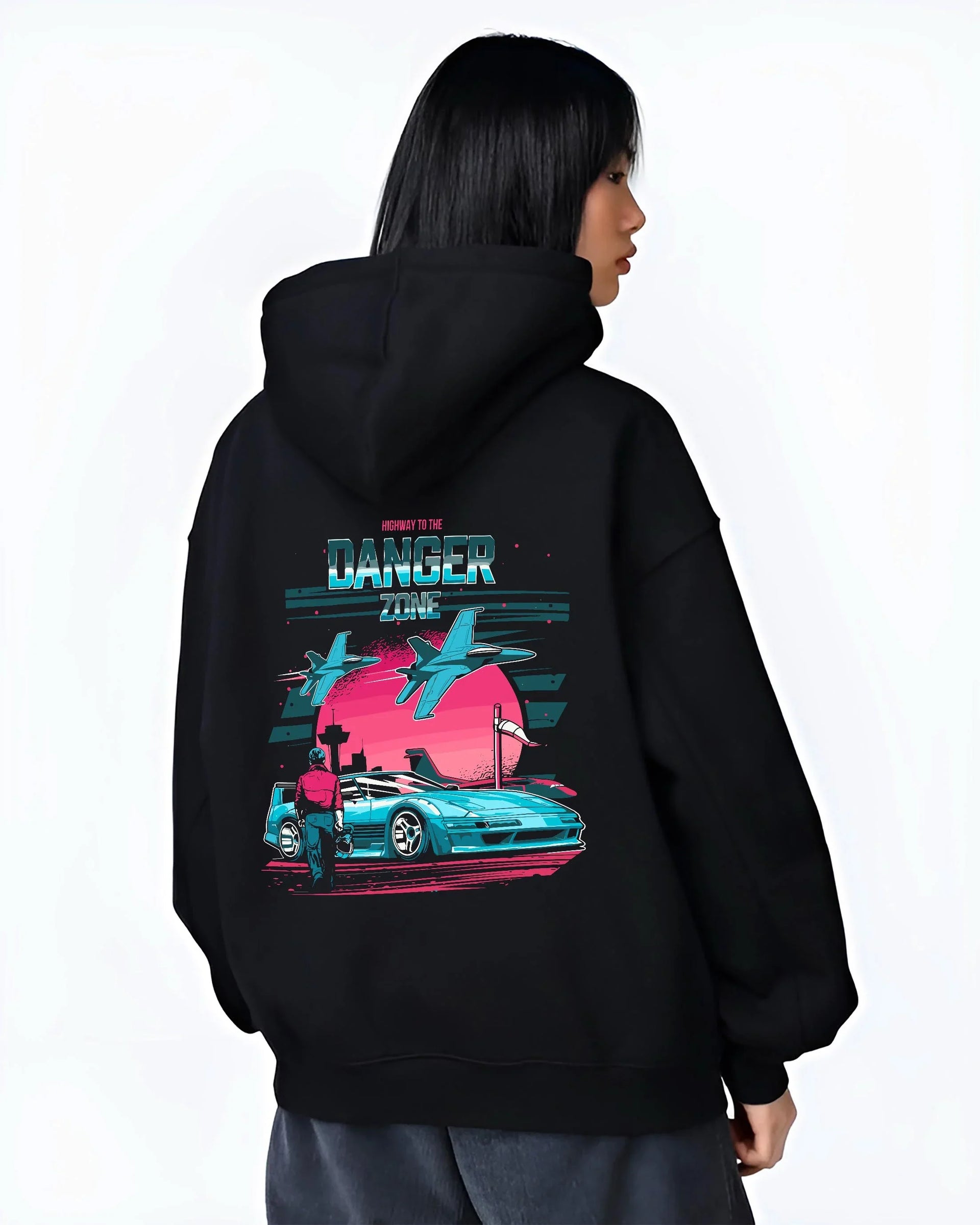 Black hoodie worn by a female model, back view, featuring ACURA NSX turbo race street racing performance motorsport graphic.