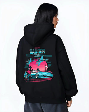 Black hoodie worn by a female model, back view, featuring ACURA NSX turbo race street racing performance motorsport graphic.