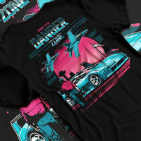 Black T-shirt laid flat with natural fabric folds, featuring ACURA NSX turbo race street racing performance motorsport graphic.