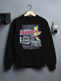 Black crewneck sweatshirt on a hanger against a grey wall, featuring rs drift japanese racing street performance motorsport graphic.