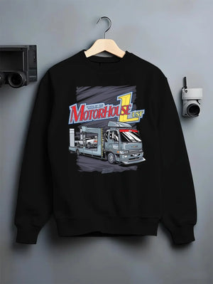 Black crewneck sweatshirt on a hanger against a grey wall, featuring rs drift japanese racing street performance motorsport graphic.