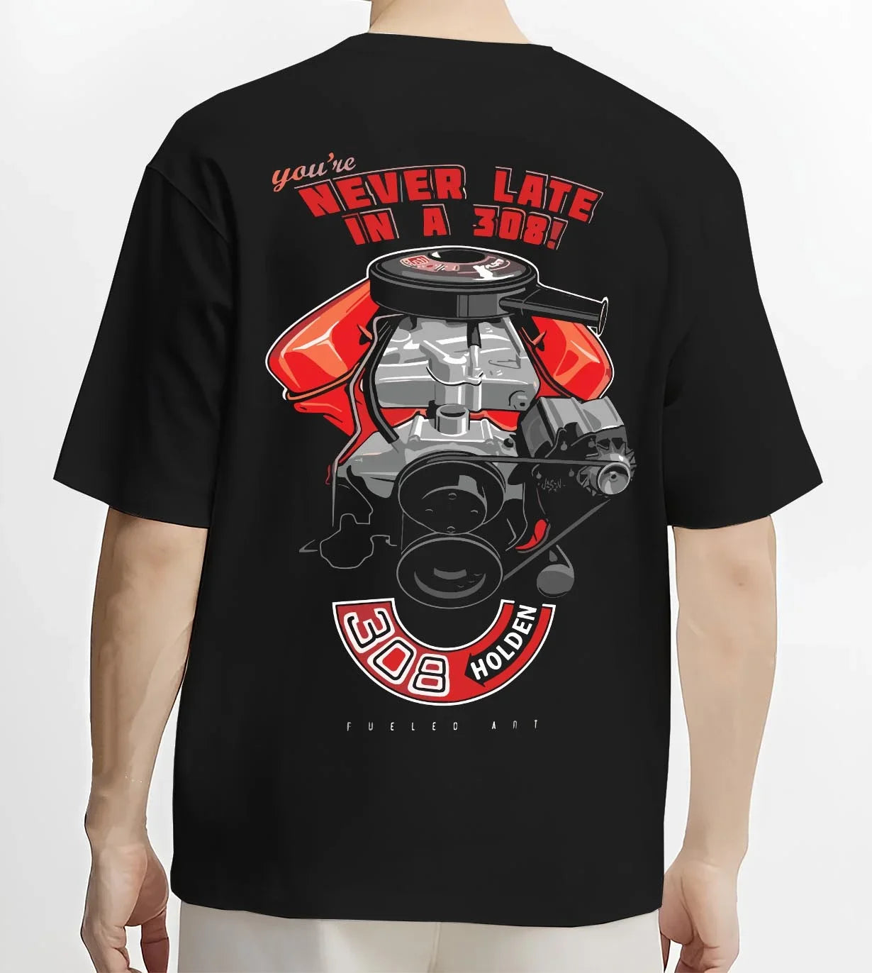 Black T-shirt worn by a male model, back view, featuring v8 muscle street classic power racing performance motorsport graphic.