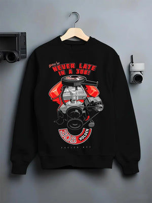 Black crewneck sweatshirt on a hanger against a grey wall, featuring v8 muscle street classic power racing performance graphic.