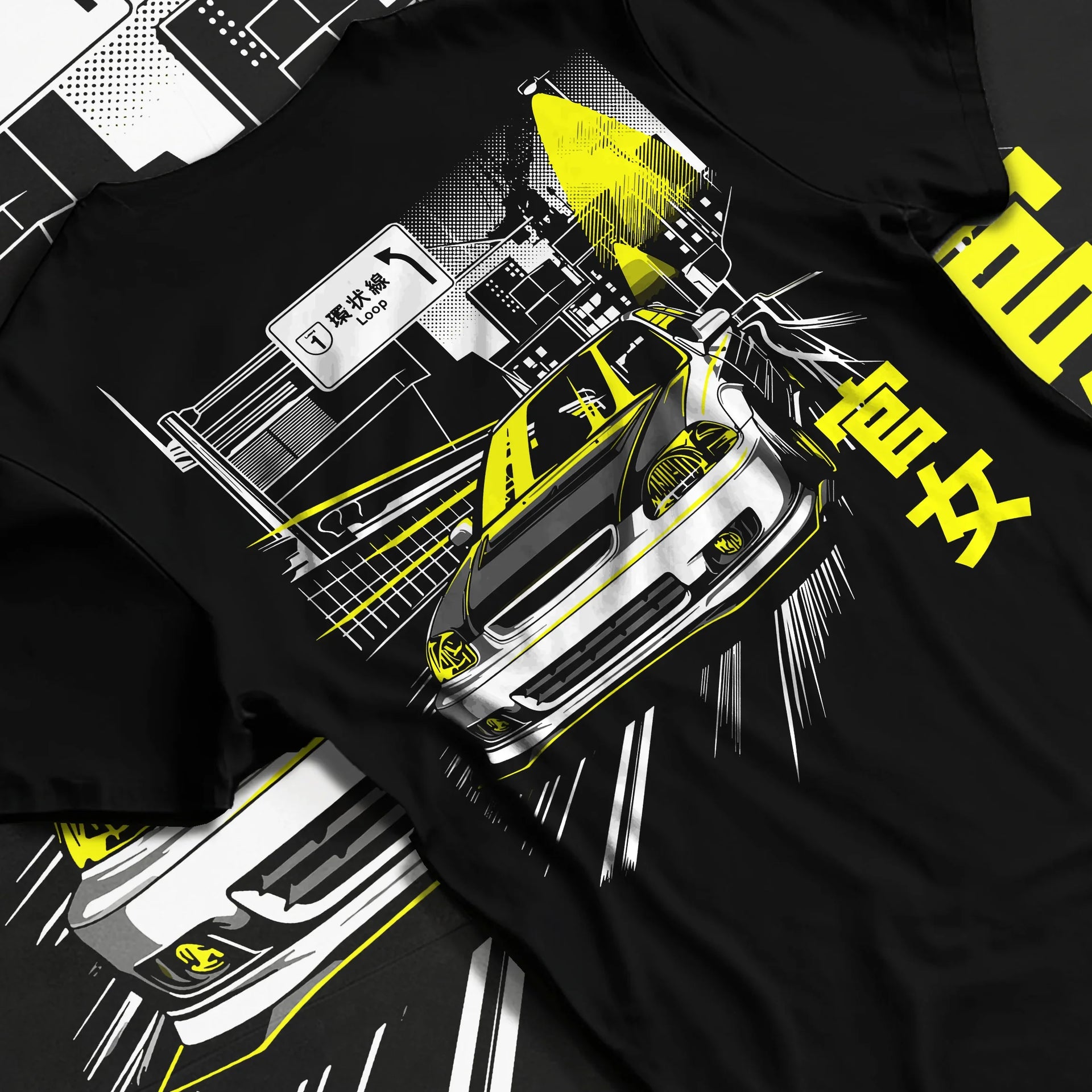 Black T-shirt laid flat with natural fabric folds, featuring Honda Civic racing drift jdm japanese street performance graphic.