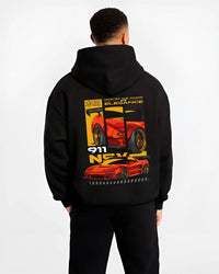 Black hoodie worn by a male model, back view, featuring Honda rs racing race motorsport street classic speed graphic.