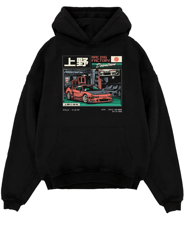 Black pullover hoodie laid flat on a white background, featuring Honda rs racing motorsport street retro classic speed graphic.