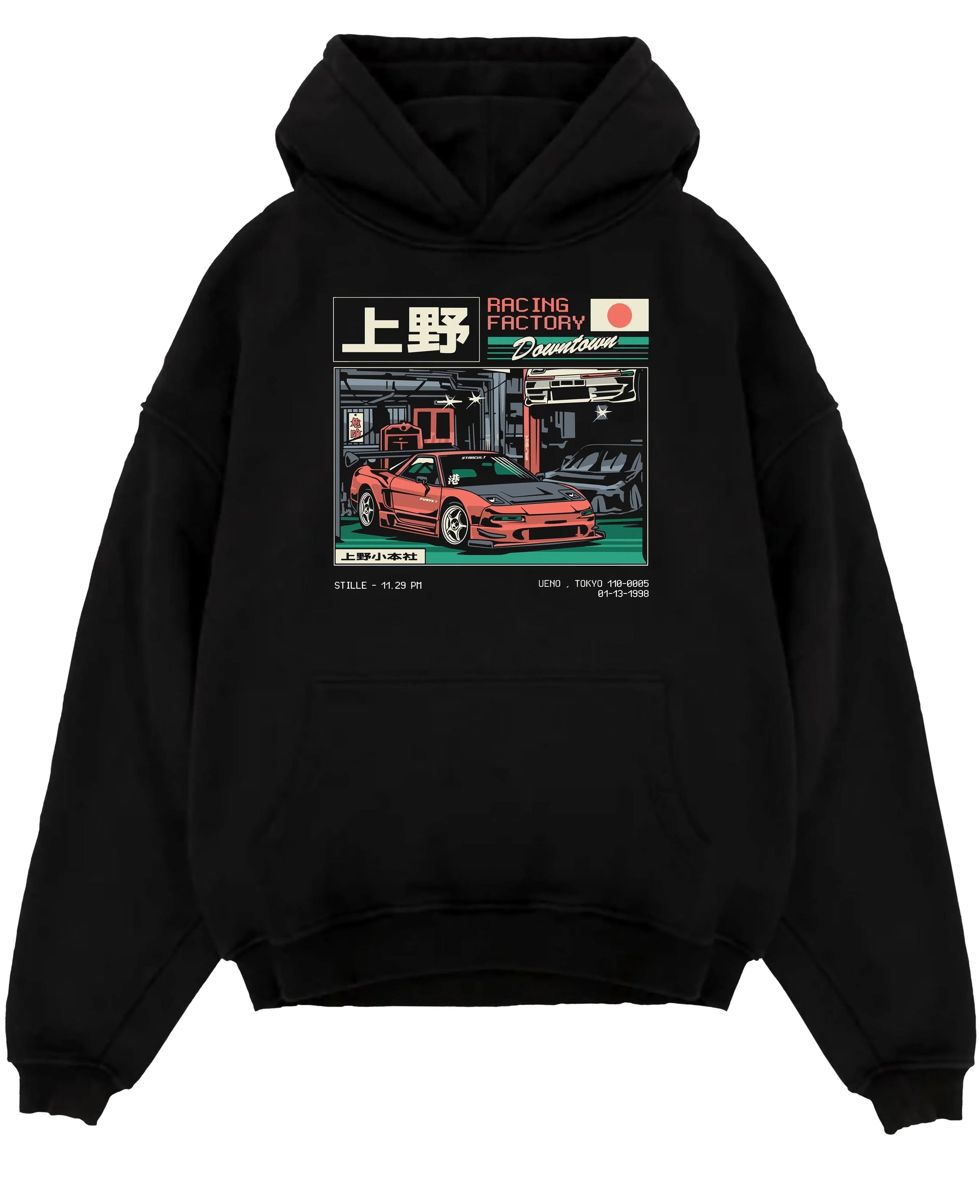 Black pullover hoodie laid flat on a white background, featuring Honda rs racing motorsport street retro classic speed graphic.