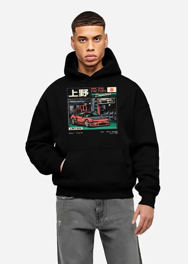 Black hoodie worn by a male model, front view, featuring Honda rs racing motorsport street retro classic speed graphic.