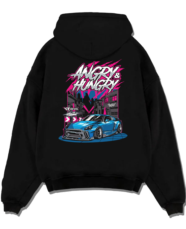 Black pullover hoodie laid flat on a white background, featuring MUSTANG rs racing muscle street enthusiast performance graphic.