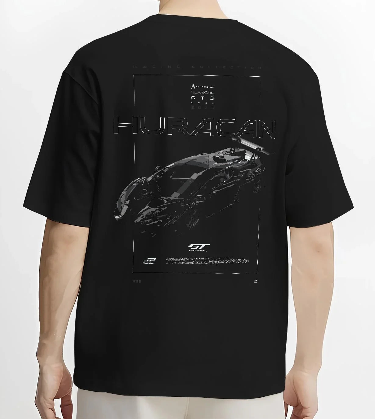 Black T-shirt worn by a male model, back view, featuring Lamborghini Huracan gt3 evo racing enthusiast street performance graphic.