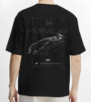 Black T-shirt worn by a male model, back view, featuring Lamborghini Huracan gt3 evo racing enthusiast street performance graphic.