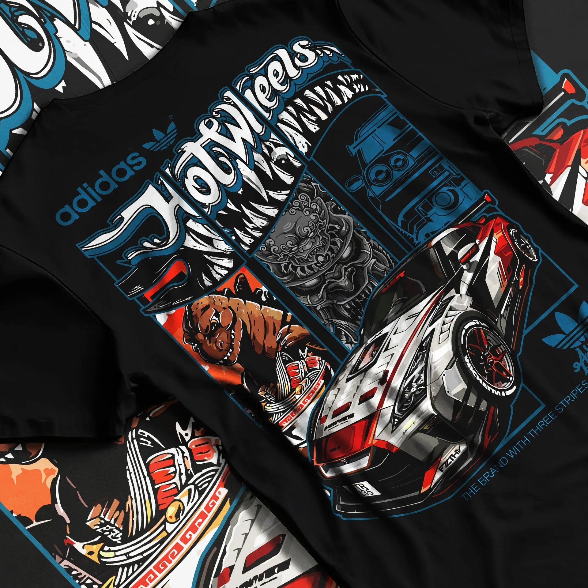 Black T-shirt laid flat with natural fabric folds, featuring NISSAN gt r ls racing drift jdm japanese street retro graphic.