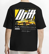 Black T-shirt worn by a male model, back view, featuring racing drift jdm japanese tuner street legend performance graphic.