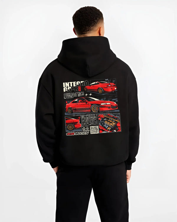 Black hoodie worn by a male model, back view, featuring Honda Integra drift jdm japanese tuning racing street graphic.