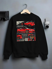 Black crewneck sweatshirt on a hanger against a grey wall, featuring Honda Integra drift jdm japanese tuning racing street graphic.