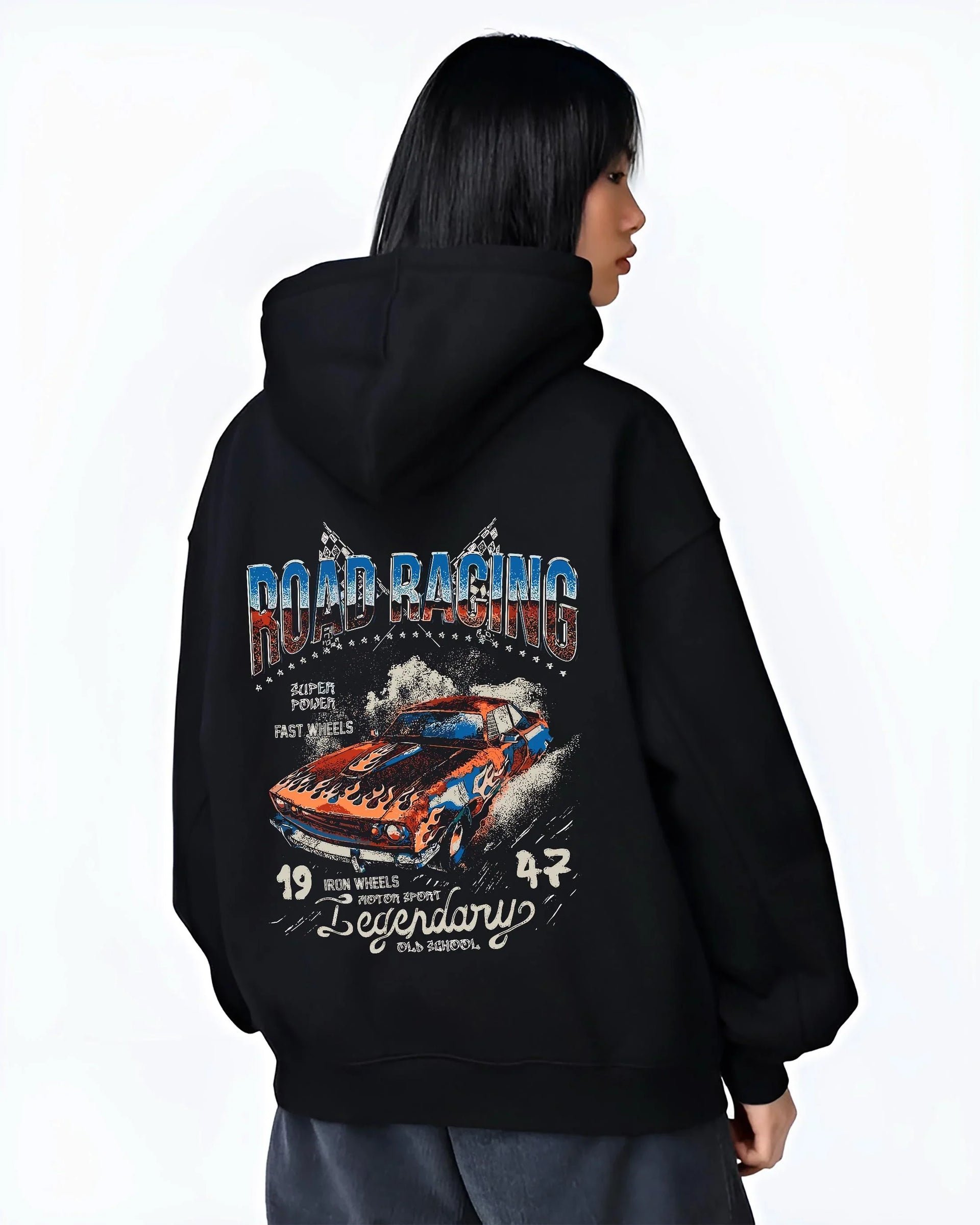 Black hoodie worn by a female model, back view, featuring Lexus IS250 jdm street racing performance motorsport automotive graphic.