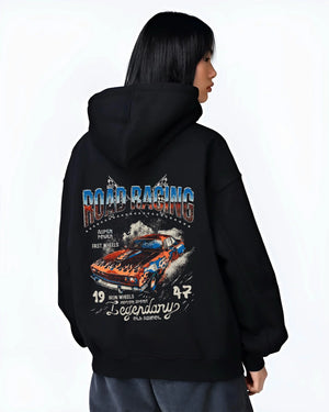Black hoodie worn by a female model, back view, featuring Lexus IS250 jdm street racing performance motorsport automotive graphic.