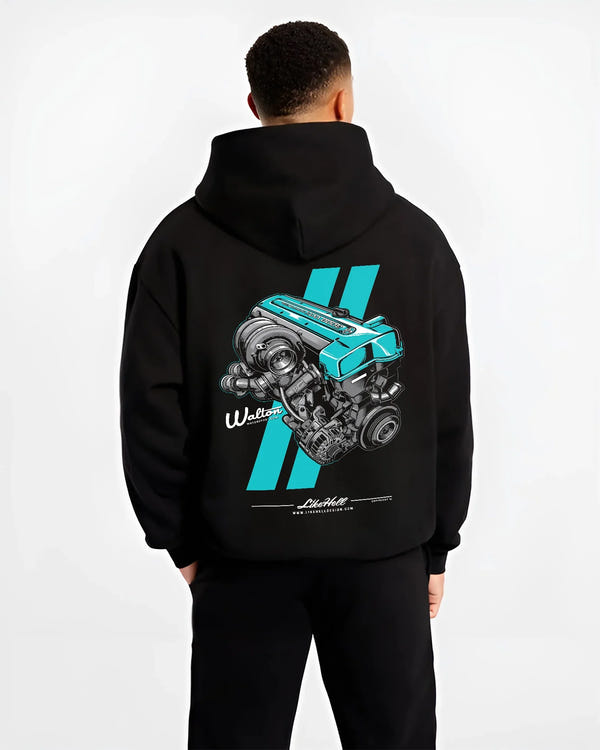 Black hoodie worn by a male model, back view, featuring Toyota turbo 2jz drift jdm japanese tuner enthusiast graphic.