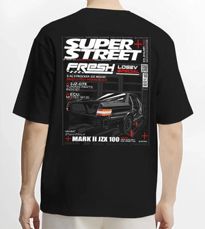 Black T-shirt worn by a male model, back view, featuring Toyota JZX100 turbo drift street racing performance motorsport graphic.