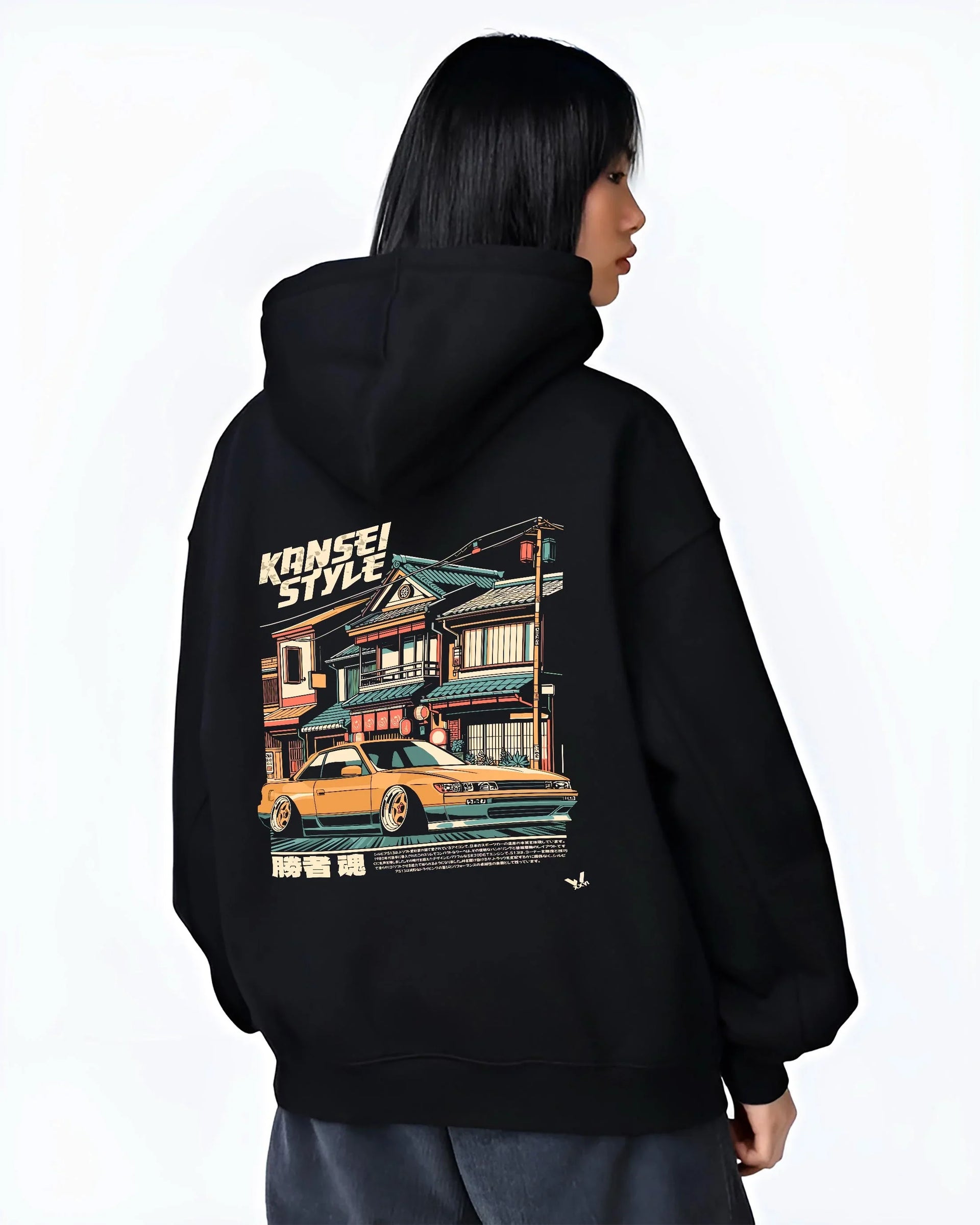 Black hoodie worn by a female model, back view, featuring racing drift jdm japanese street performance motorsport kansei.