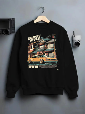 Black crewneck sweatshirt on a hanger against a grey wall, featuring racing drift jdm japanese street performance kansei.