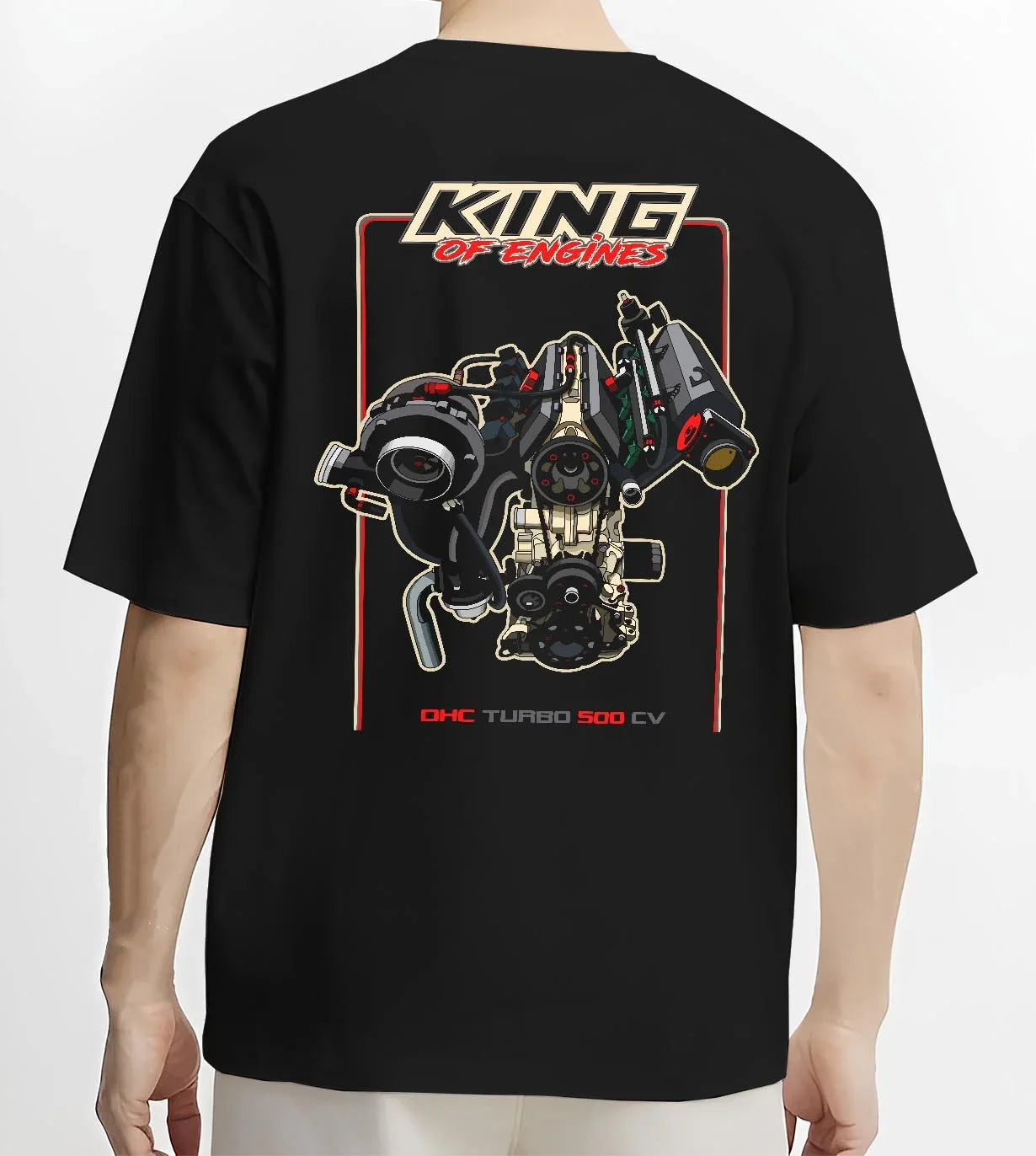 Black T-shirt worn by a male model, back view, featuring rs turbo racing street power performance motorsport automotive graphic.