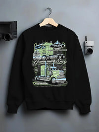 Black crewneck sweatshirt on a hanger against a grey wall, featuring rs street racing performance motorsport automotive graphic.