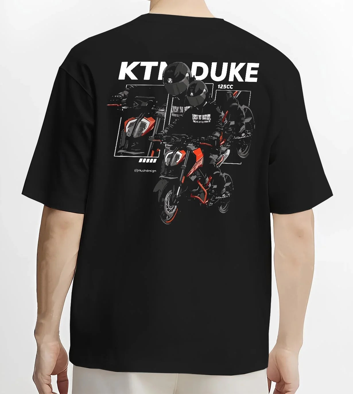 Black T-shirt worn by a male model, back view, featuring KTM rs racing street performance motorsport automotive enthusiast graphic.