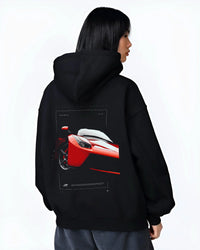 Black hoodie worn by a female model, back view, featuring Ferrari rs racing street performance motorsport automotive graphic.