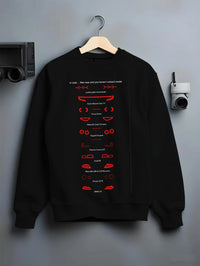 Black crewneck sweatshirt on a hanger against a grey wall, featuring Lamborghini Aventador racing italian tuning street graphic.