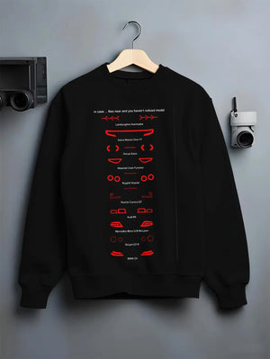 Black crewneck sweatshirt on a hanger against a grey wall, featuring Lamborghini Aventador racing italian tuning street graphic.
