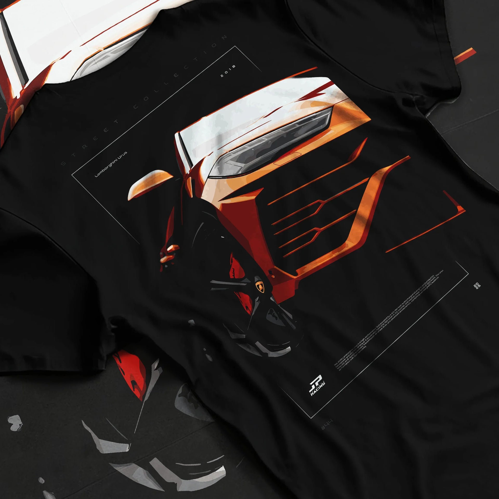 Black T-shirt laid flat with natural fabric folds, featuring Lamborghini street racing performance motorsport automotive graphic.
