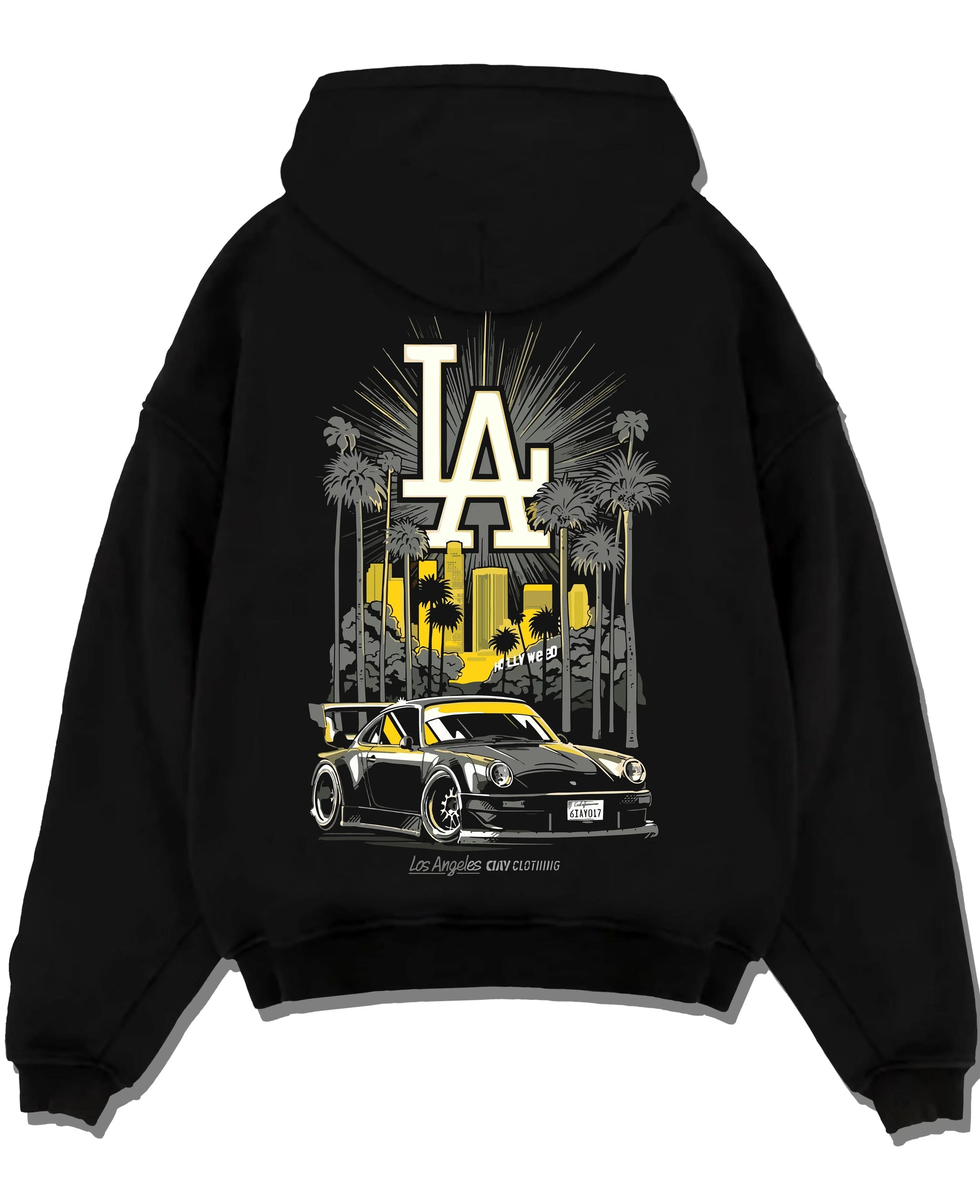 Black pullover hoodie laid flat on a white background, featuring racing street performance motorsport automotive enthusiast larun.