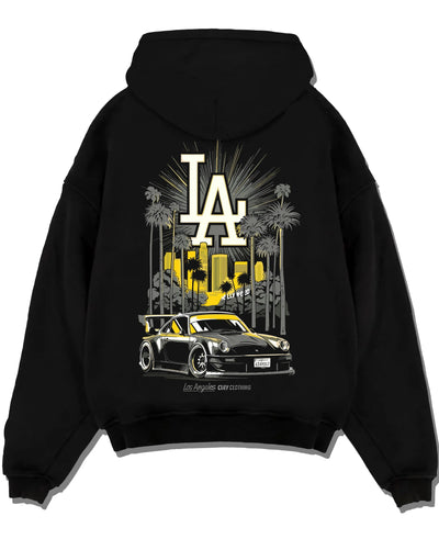 Black pullover hoodie laid flat on a white background, featuring racing street performance motorsport automotive enthusiast larun.
