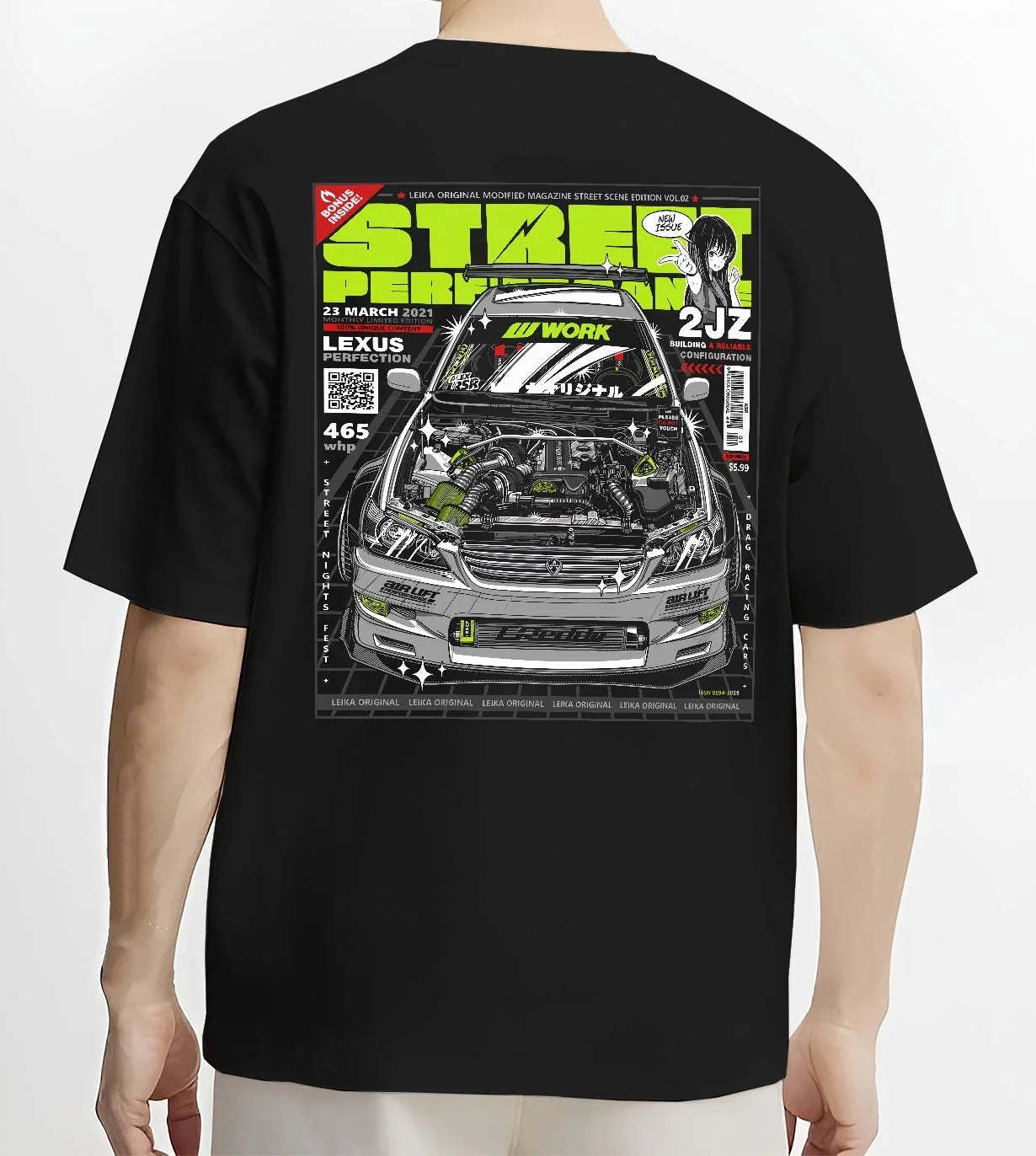 Black T-shirt worn by a male model, back view, featuring Lexus rs racing drift tuner street enthusiast performance graphic.