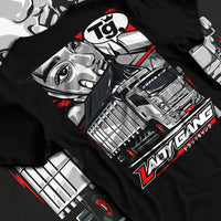 Black T-shirt laid flat with natural fabric folds, featuring japanese street enthusiast racing performance motorsport graphic.
