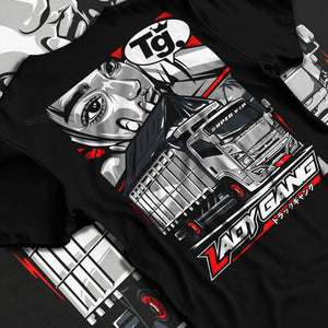 Black T-shirt laid flat with natural fabric folds, featuring japanese street enthusiast racing performance motorsport graphic.