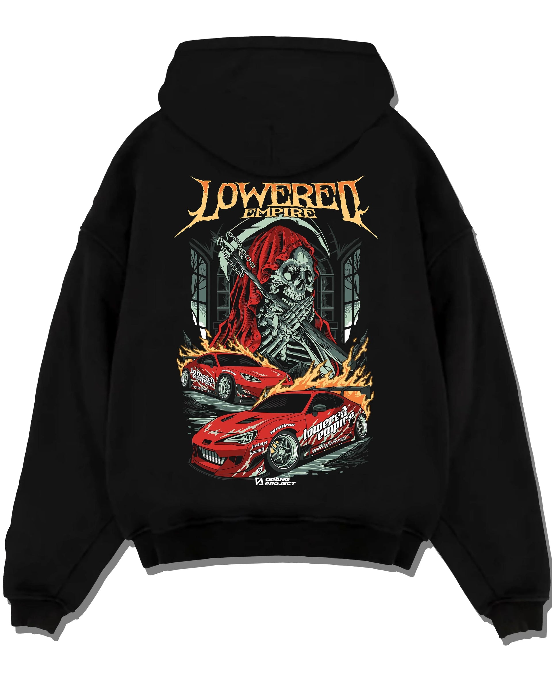 Black pullover hoodie laid flat on a white background, featuring rs racing drift lowered street performance motorsport graphic.