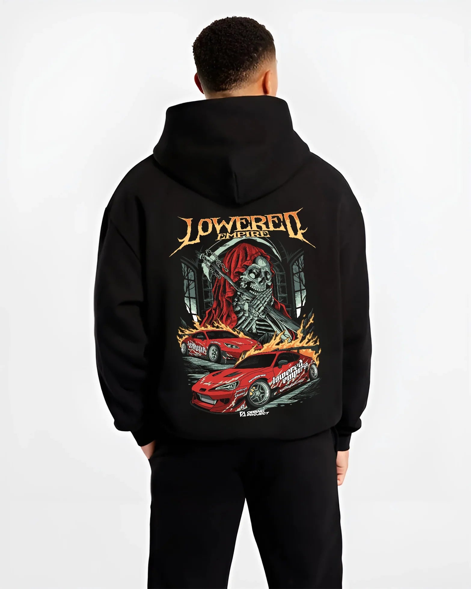 Black hoodie worn by a male model, back view, featuring rs racing drift lowered street performance motorsport automotive graphic.